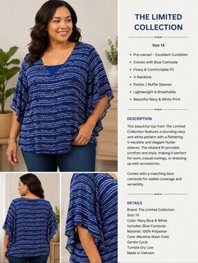 The Limited Collection Blue Flutter Sleeve Blouse w/ Camisole 1X EUC